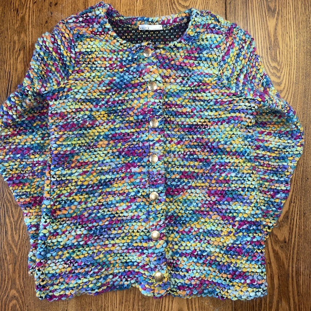 Kaily‎ K Small Multi Colored Woven Sweater Gold Tone Buttons
